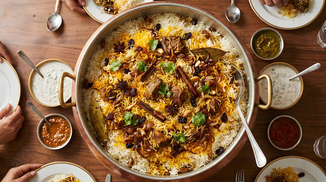 Indian lamb biryani rice dish served in large pot with sides for gathering.