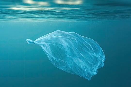 Plastic bag floating underwater in the ocean, environmental pollution concept.