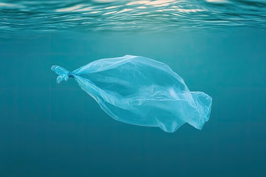 Plastic bag floating in the ocean symbolizing pollution.