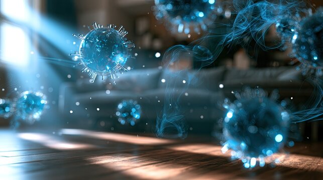 Microscopic viral particles suspended in a sunlit, home interior setting