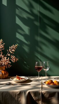 Aesthetic vintage lifestyle photography layout arrangements casting fine diner shadows on premium dark forest green backdrop
