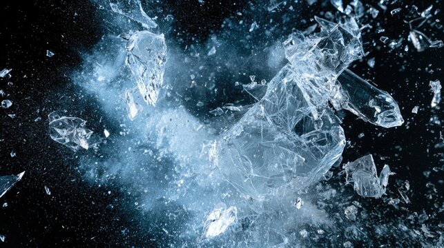 Shards of clear material explode outwards with a burst of icy mist