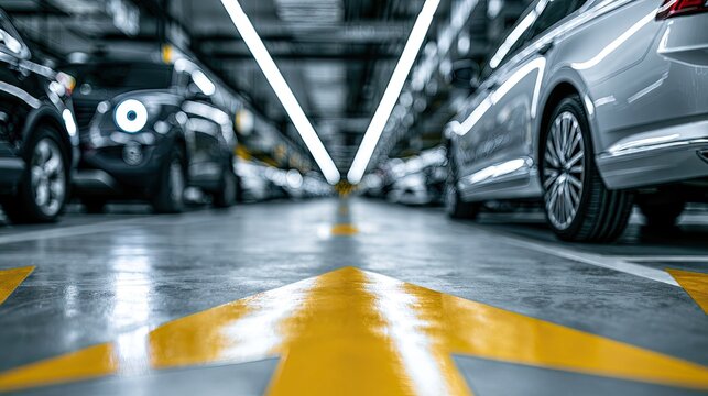 Underground Parking Garage with Cars and Yellow Arrows.