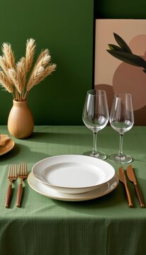 Aesthetic clean corporate design arrangements reflecting a professional lifestyle and diner collaboration theme on premium moss green background