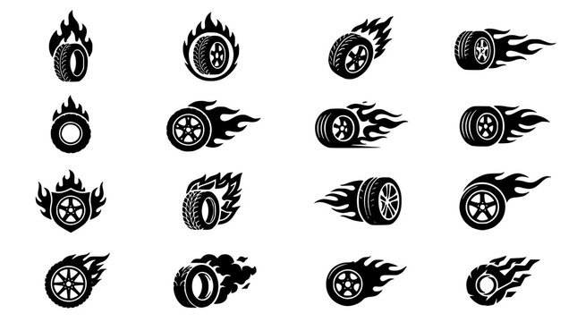 :
Burning Tire Flame Silhouette Icon Set with Performance Wheel Vector Collection