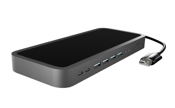 Modern multiport USB hub with multiple USB ports and card reader. Isolated on transparent background.