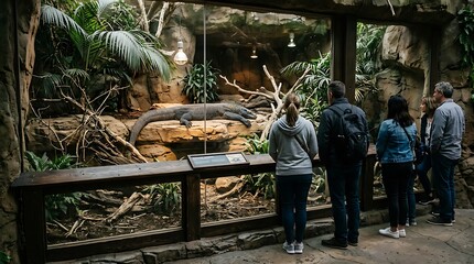 Obraz premium People Observing a Large Reptile in an Indoor Zoo Enclosure.