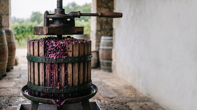Traditional grape press crushing fruit for wine production with barrels