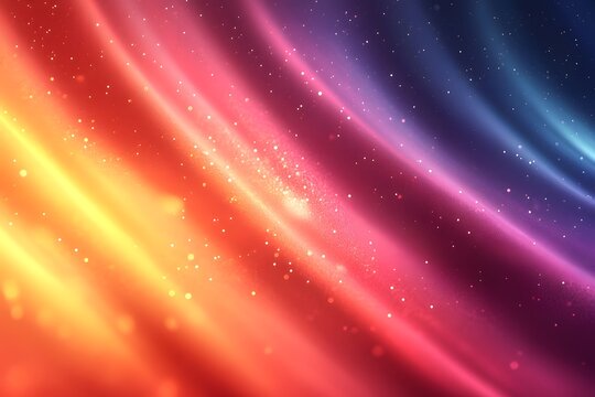 Abstract curved lines of vibrant colors, from yellow to blue, with sparkling light effects and particles.