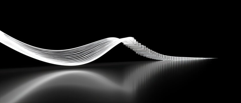 Abstract White Light Streaks Flowing on Black Background with Reflection.