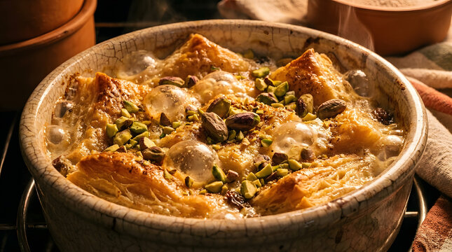 Traditional egyptian om ali dessert baked bread pudding with pistachios and puff pastry dish.