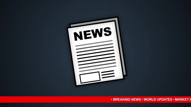 Digital News Broadcast Graphic Featuring a Floating Newspaper Icon on Dark Background