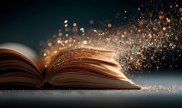 An ancient, opened book radiates magical golden light and sparkling dust particles into the surrounding darkness.