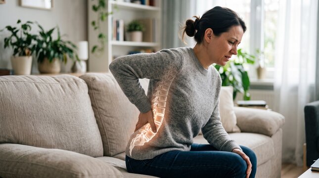 Woman sitting on sofa experiencing severe lower back pain with highlighted anatomical glowing spine overlay for medical healthcare posture and chiropractic concepts