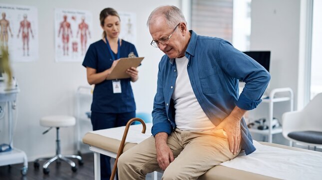 Senior man suffering from severe hip pain holding his lower back during a physical examination in a modern medical clinic while a female doctor fills out a medical chart on a clipboard.
