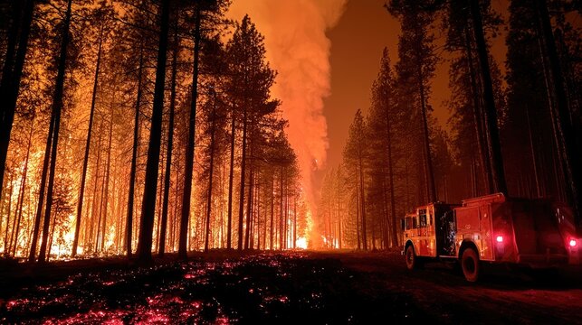 Forest Fire Rages Through Trees with Firefighter Vehicle Nearby.