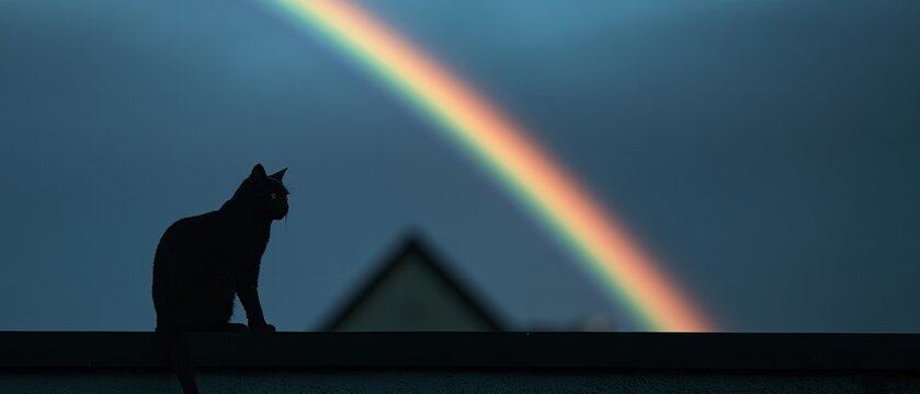 Black cat silhouette gazes at a vibrant rainbow arcing across a twilight sky