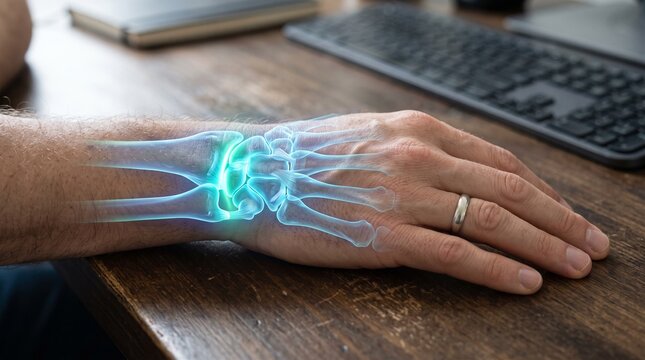 Digital anatomical x-ray illustration of glowing wrist joint pain and carpal tunnel syndrome on a man resting his hand near a computer keyboard at an office desk for medical healthcare concepts.