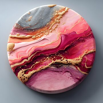 Circular piece of art displays swirling patterns of pink, purple, and gold in a fluid, marbled effect.