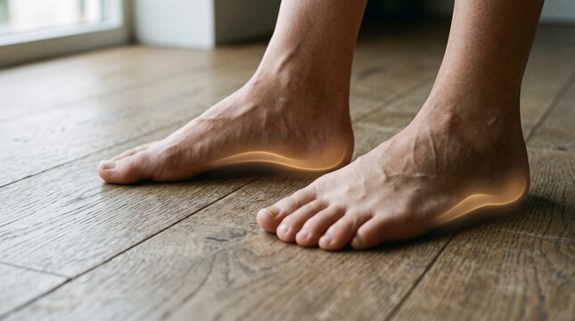 Bare feet standing on a modern wooden floor with glowing light graphic overlays highlighting foot arch support, orthotic alignment, podiatry care, and plantar fasciitis pain relief concepts.