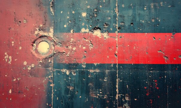 Close-up of a distressed, weathered concrete wall with a bold red stripe and circular texture.