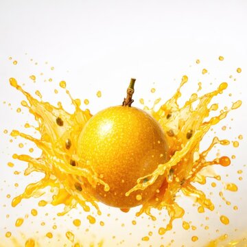 Vibrant yellow passion fruit exploding splash isolated on white background