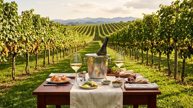 Elegant white wine tasting setup with chilled bottle, snacks, and glasses on a table overlooking a scenic vineyard at sunset.