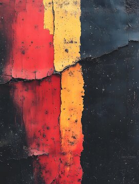 Close-up of cracked, textured surface with vertical stripes of red and yellow paint