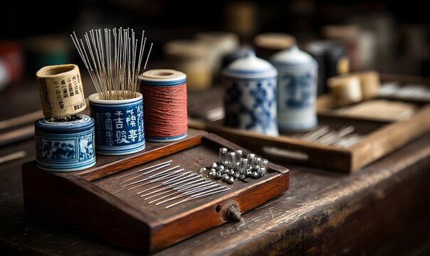 Collection of acupuncture needles rests in antique blue and white ceramic containers on a wooden surface.