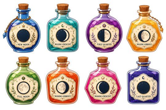 witch halloween magic potion bottles set with moon phases illustration for halloween background isolated on white background, generative ai