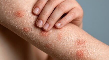 Fototapeta premium Close-up of a person's arm showing red, flaky, dry skin patches