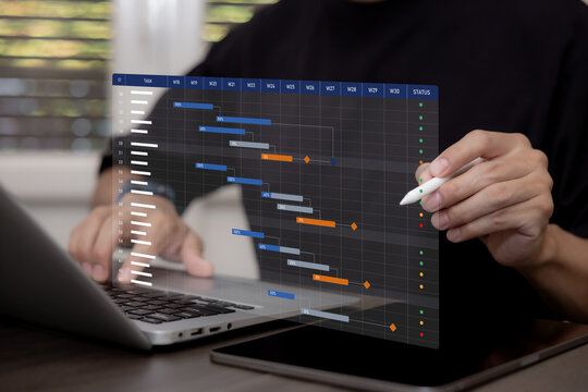 Project management dashboard with Gantt chart, task schedules, milestones and progress status, representing timeline planning, resource coordination and workflow control.
