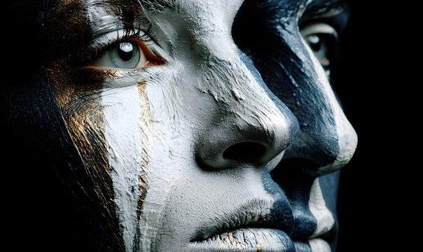 Extreme close-up of two faces painted with abstract black, white, and gold patterns.