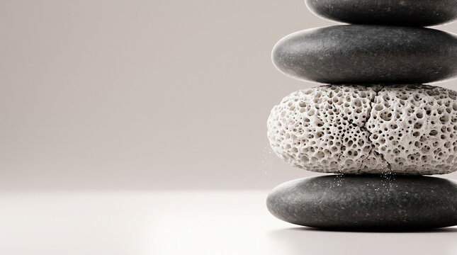 Conceptual still life photography of a stack of smooth dark basalt Zen stones with a fragile, highly porous, brittle white coral-like stone in the middle crumbling under weight as a visual metaphor fo