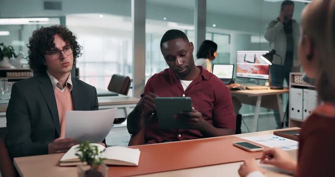 Interview, discussion or people in office with review, evaluation or onboarding in hiring process. Paper, tech or HR team with meeting, candidate assessment or staff recruitment in career opportunity