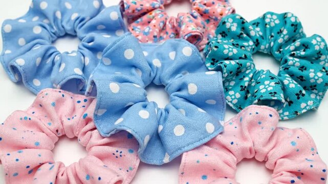 Colorful scrunchies on white background.