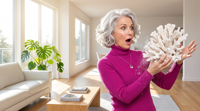 Vibrant mature woman looking with exaggerated shock at an intricately porous crumbling white coral structure as a visual metaphor for osteoporosis and bone fragility in a bright modern living room