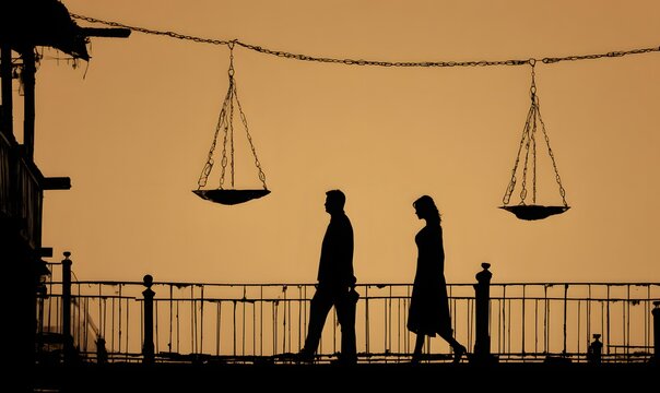Silhouetted couple walking on a bridge with artistic scales hanging above at sunset.