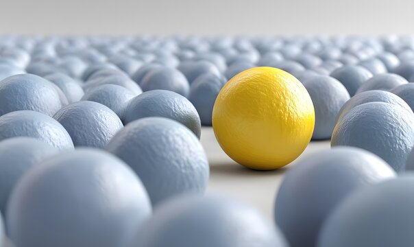 Single bright yellow ball stands out amongst a multitude of identical grey spheres.
