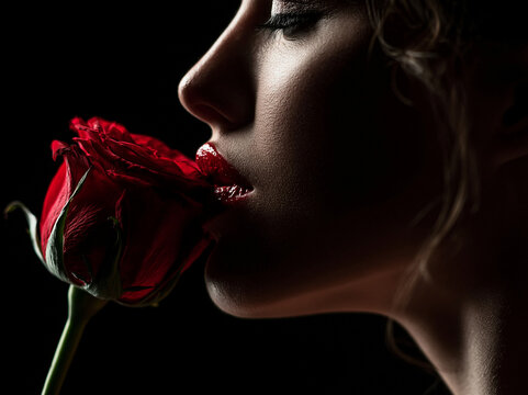 Close up woman red lipstick kissing to red rose flower , black background  , love and valentime mood.