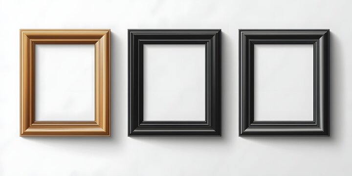 Three empty picture frames&mdash;one ornate gold, two sleek black&mdash;are displayed against a clean white background.