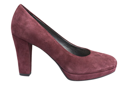 Women burgundy suede platform pumps isolated on white background. Elegant high-quality maroon chunky high heel shoes, side view.