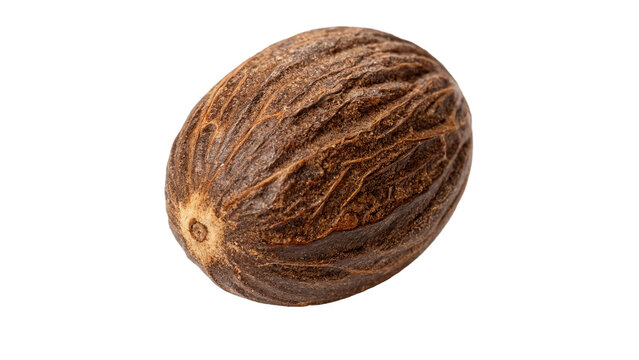 Single raw whole brown nutmeg seed aromatic spice cooking ingredient isolated on transparent background