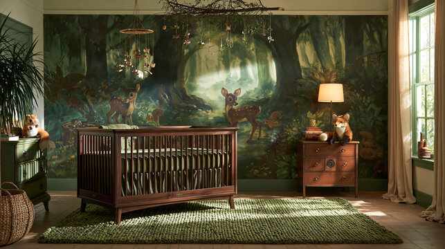 Cozy Woodland Themed Baby Nursery Interior with Wooden Crib