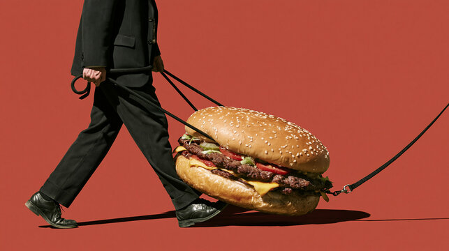 Businessman Walking Giant Hamburger on Leash Concept