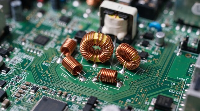 Copper induction coils mounted on green electronic circuit board with inductor
