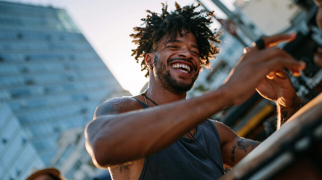 Energetic Black Musician Playing Drum at Outdoor Street Festival