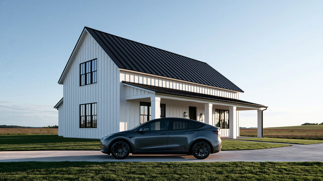 Modern Electric Car Parked Outside White Farmhouse Style Home
