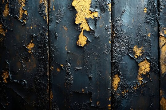 Abstract texture background of peeling black paint with gold accents on weathered wooden planks.