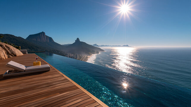 Infinity Pool Overlooking Ocean and Mountains at Luxury Resort